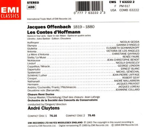 Jacques Offenbach - Nicolai Gedda, Elisabeth Schwarzkopf, Victoria De Los Angeles, Gianna d'Angelo, Nicola Ghiuselev, George London (2), Ernest Blanc, Les Chœurs René Duclos, Orchestre De La Société Des Concerts Du Conservatoire, André Cluytens : Les Contes d'Hoffmann (2xCD, Album, RE, RM)