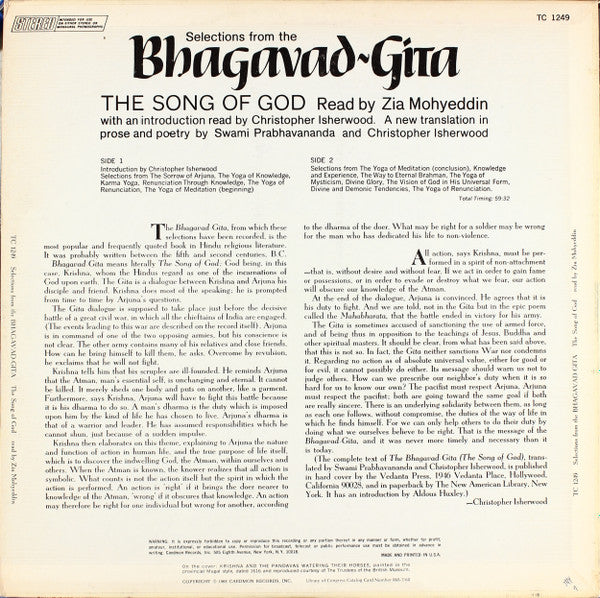 Zia Mohyeddin : Selection From The Bhagavad-Gita, The Song Of God (LP)
