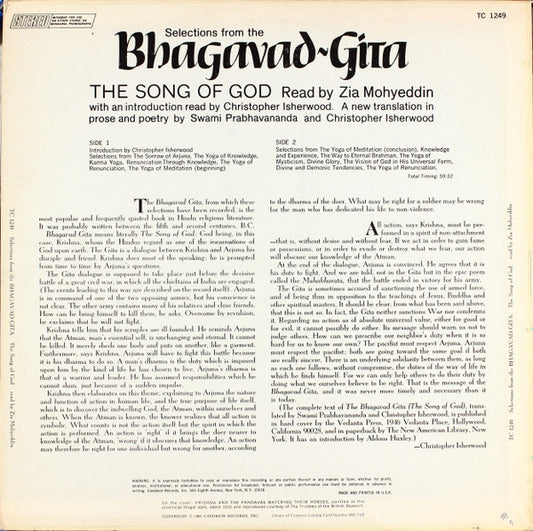 Zia Mohyeddin - Selection From The Bhagavad-Gita, The Song Of God vinyl record, LP (Near Mint (NM or M-)) | Lulo Records