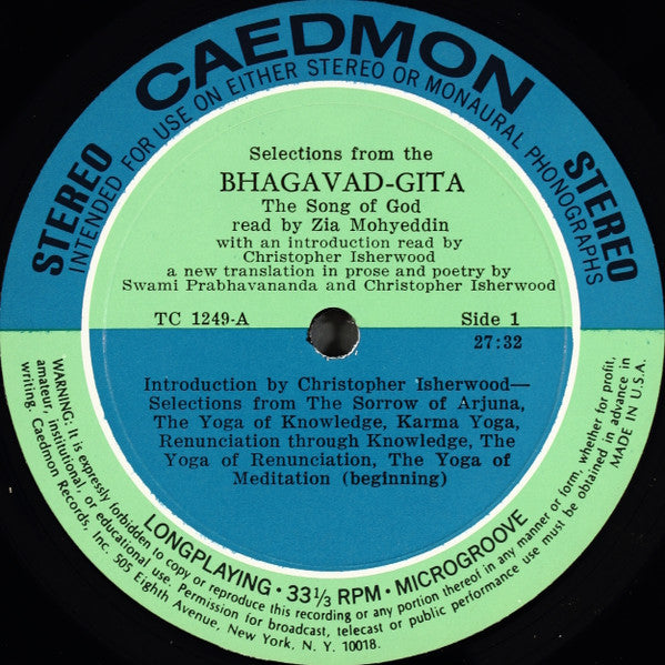 Zia Mohyeddin : Selection From The Bhagavad-Gita, The Song Of God (LP)