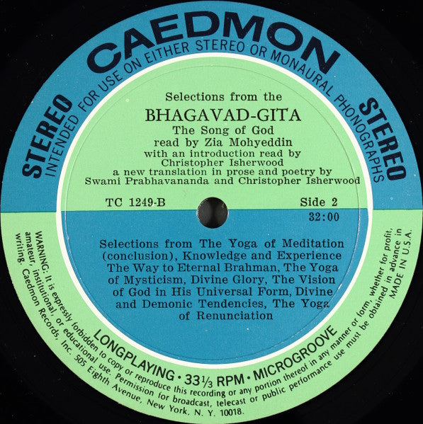 Zia Mohyeddin : Selection From The Bhagavad-Gita, The Song Of God (LP)