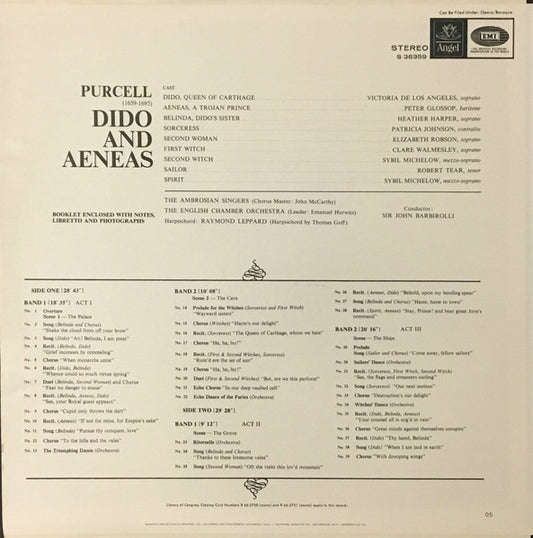 Henry Purcell : Victoria De Los Angeles, Peter Glossop, Heather Harper, Patricia Johnson (3), Elizabeth Robson, Clare Walmesley, Sybil Michelow, Robert Tear, The Ambrosian Singers, English Chamber Orchestra, Raymond Leppard, Sir John Barbirolli : Dido And Aeneas (LP, Album, RE)