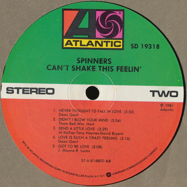 Spinners : Can't Shake This Feelin' (LP, Album, AR)