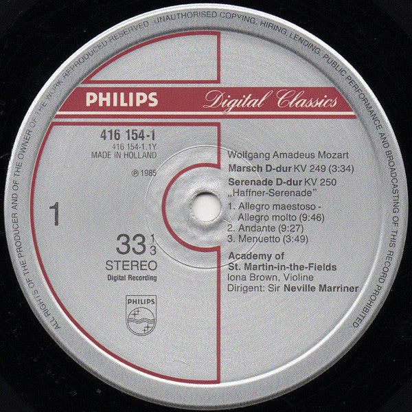 Wolfgang Amadeus Mozart - Iona Brown, The Academy Of St. Martin-in-the-Fields, Sir Neville Marriner : Serenade KV 250 »Haffner« (LP)