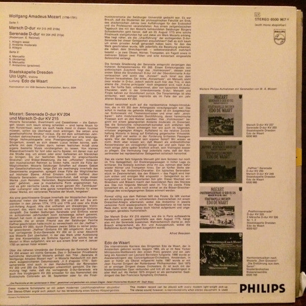 Wolfgang Amadeus Mozart, Staatskapelle Dresden, Edo De Waart : Serenade D-Dur KV 204 / Marsch D-Dur KV 215 (LP, Comp)