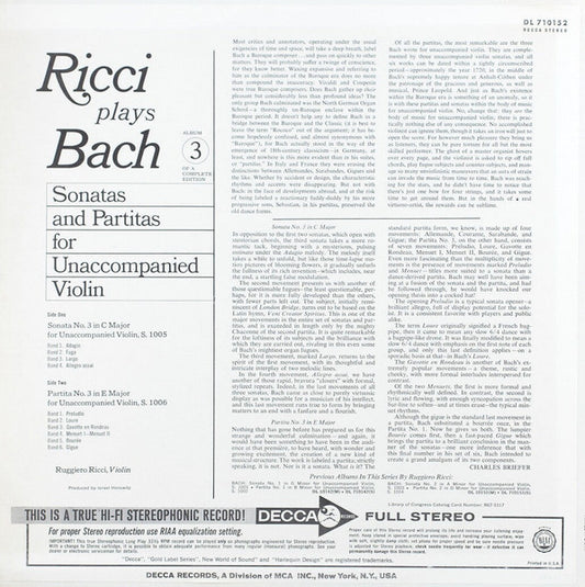 Ruggiero Ricci Plays Johann Sebastian Bach : Ricci Plays Bach - Sonatas And Partitas For Unaccompanied Violin (LP)
