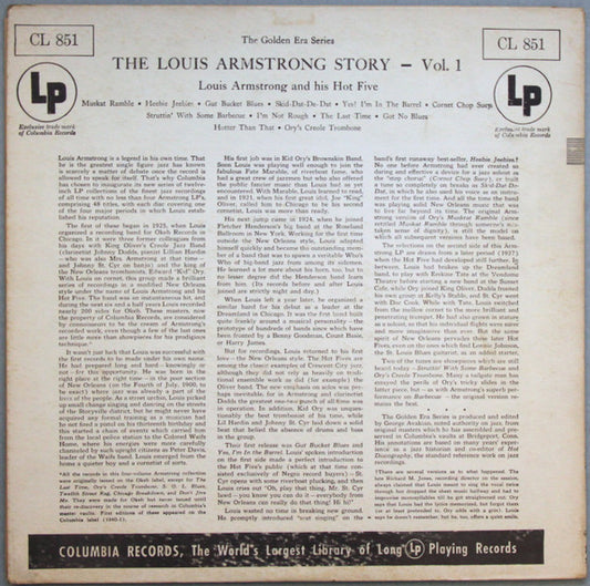 Louis Armstrong & His Hot Five : The Louis Armstrong Story (Volume 1) (LP, Album, Comp, Mono, RE)