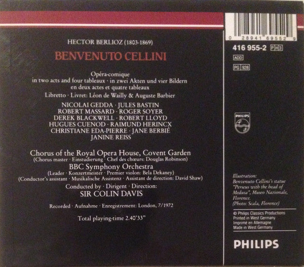 Hector Berlioz - Nicolai Gedda · Christiane Eda-Pierre · Jules Bastin · Jane Berbié · Roger Soyer · Robert Massard · Chorus Of The Royal Opera House, Covent Garden · BBC Symphony Orchestra · Sir Colin Davis : Benvenuto Cellini (3xCD, Album, RE, RM + Box, Sli)
