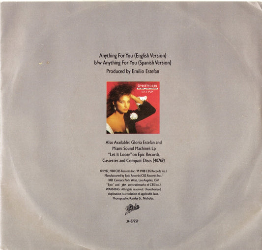 Miami Sound Machine : Anything For You (7", Single, Styrene, Car)