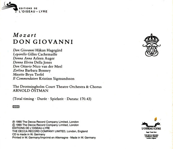 Wolfgang Amadeus Mozart, Håkan Hagegård, Arleen Auger, Gilles Cachemaille, Della Jones, Barbara Bonney, Nico Van Der Meel, Bryn Terfel, Kristinn Sigmundsson, Chorus And Orchestra Of The Drottningholm Court Theatre, Arnold Östman : Don Giovanni (3xCD)