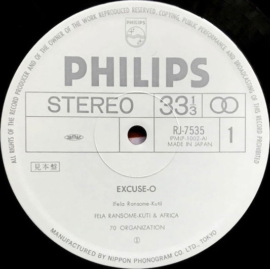 Fela Ransome-Kuti* & Africa 70 Organization* : Excuse O (LP, Album, Promo)