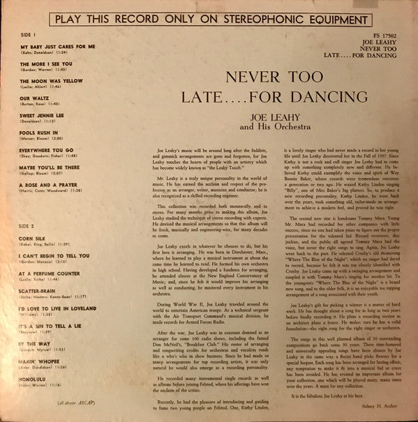 Joe Leahy Orchestra : Never Too Late... For Dancing (LP, Album)