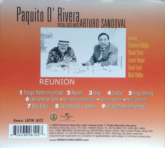 Paquito D'Rivera & Arturo Sandoval - Reunion vinyl record, CD (Near Mint (NM or M-)) | Lulo Records
