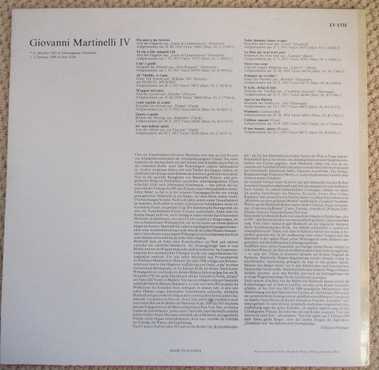 Giovanni Martinelli - Lebendige Vergangenheit - Giovanni Martinelli IV vinyl record, LP (Mint (M)) | Lulo Records