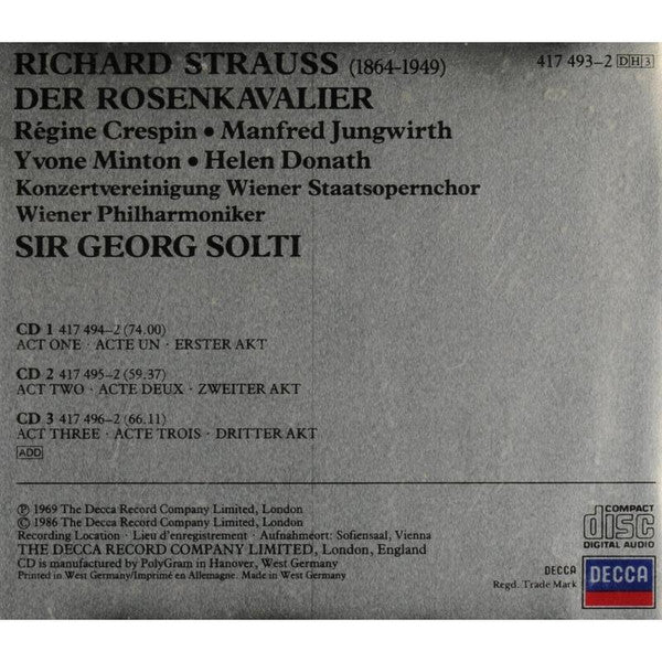Richard Strauss - Régine Crespin • Yvonne Minton • Manfred Jungwirth • Helen Donath • Wiener Philharmoniker • Georg Solti : Der Rosenkavalier (3xCD, Album, RE, RM)