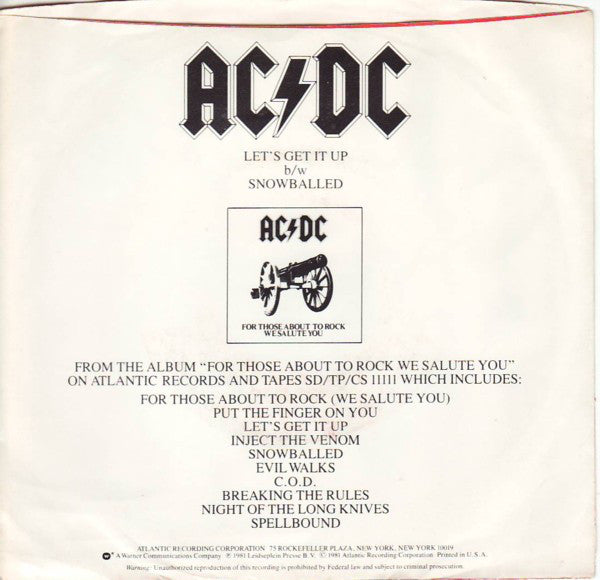 AC/DC : Let's Get It Up / Snowballed (7", Single, Spe)