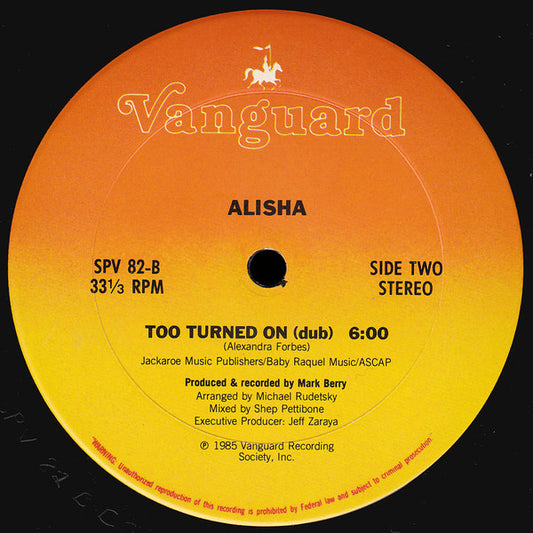 Alisha - Too Turned On vinyl record, 12" (Very Good Plus (VG+)) | Lulo Records