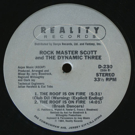 Rock Master Scott And The Dynamic Three - Request Line / The Roof Is On Fire vinyl record, 12" (Very Good Plus (VG+)) | Lulo Records