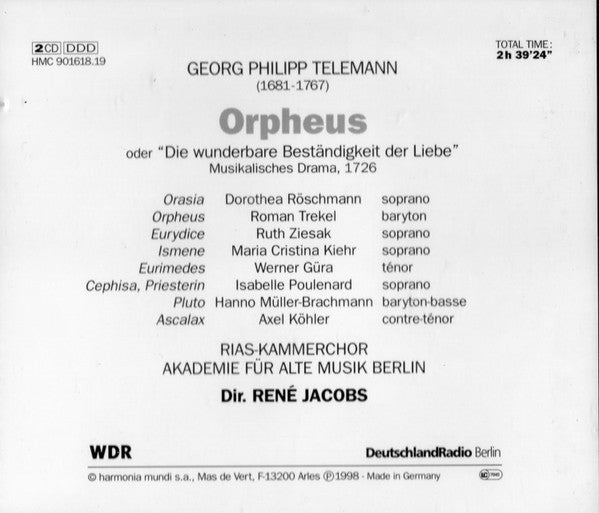 Georg Philipp Telemann / Roman Trekel, Dorothea Röschmann, Ruth Ziesak, Werner Güra, RIAS-Kammerchor, Akademie Für Alte Musik Berlin, René Jacobs : Orpheus (2xCD, Album + Box, Sli)