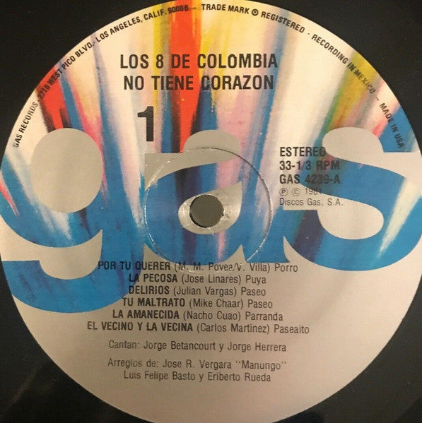 Los Ocho De Colombia : No Tiene Corazon (LP, Album)