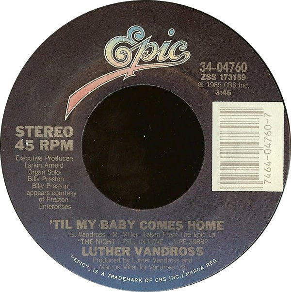 Luther Vandross : 'Til My Baby Comes Home (7", Single, Styrene, Pit)