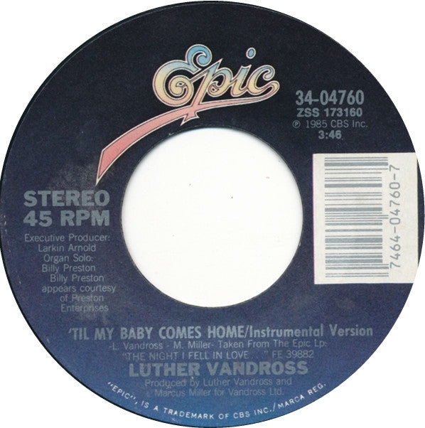 Luther Vandross : 'Til My Baby Comes Home (7", Single, Styrene, Pit)