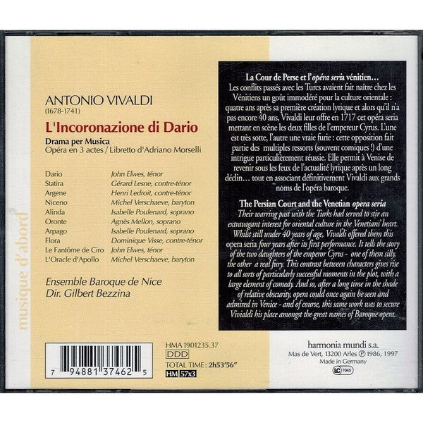 Antonio Vivaldi - John Elwes • Henri Ledroit • Gérard Lesne • Michel Verschaeve • Isabelle Poulenard • Agnès Mellon • Dominique Visse • Ensemble Baroque De Nice • Gilbert Bezzina : L'Incoronazione Di Dario (3xCD, Album, RE)