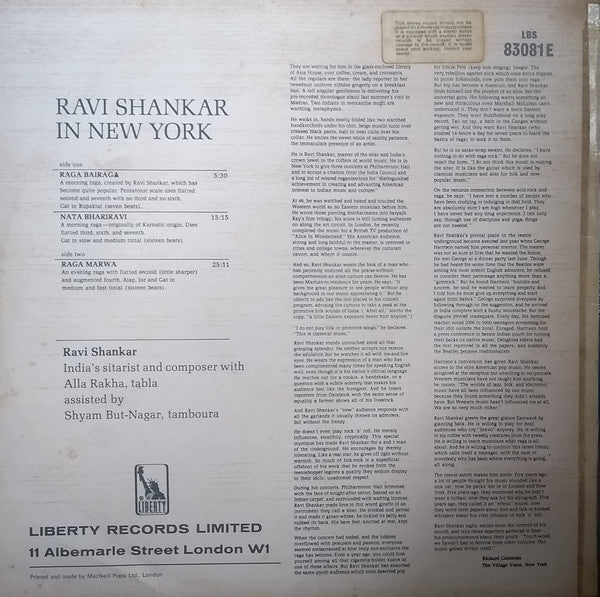 Ravi Shankar : Ravi Shankar In New York (LP)