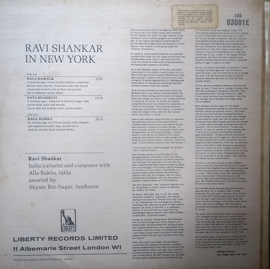 Ravi Shankar : Ravi Shankar In New York (LP)
