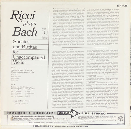 Ruggiero Ricci, Johann Sebastian Bach : Ricci Plays Bach : Vol. 1 Sonata And Partita For Unaccompanied Violin (LP)