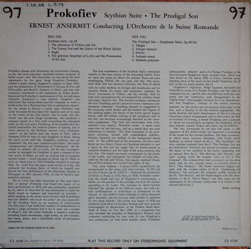 Sergei Prokofiev, Ernest Ansermet, L'Orchestre De La Suisse Romande : Scythian Suite / The Prodigal Son (LP)
