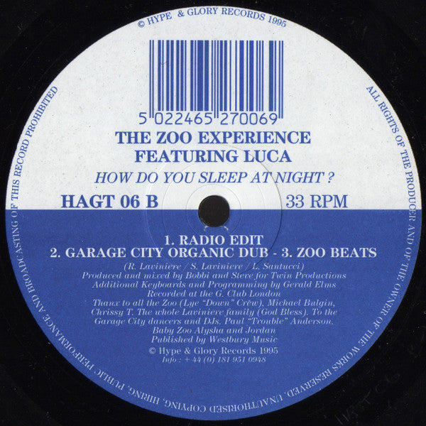 Zoo Experience Featuring Luca Santucci : How Do You Sleep At Night? (12")