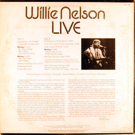 Willie Nelson - Willie Nelson Live vinyl record, LP (Very Good Plus (VG+)) | Lulo Records