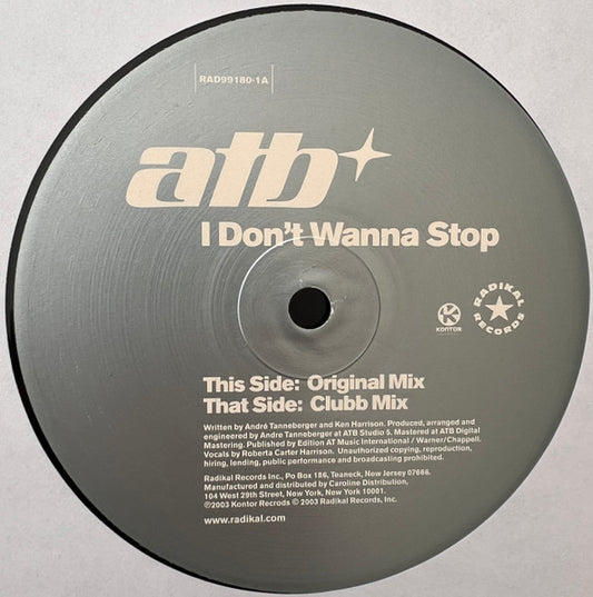 ATB : I Don't Wanna Stop (12")