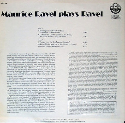 Maurice Ravel : Maurice Ravel Plays Ravel (LP, Album, RE)