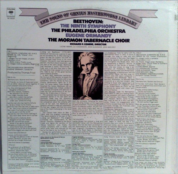 Ludwig van Beethoven, Eugene Ormandy, The Philadelphia Orchestra, Mormon Tabernacle Choir : Symphony No. 9 In D Minor, Op. 125 (LP, Album)