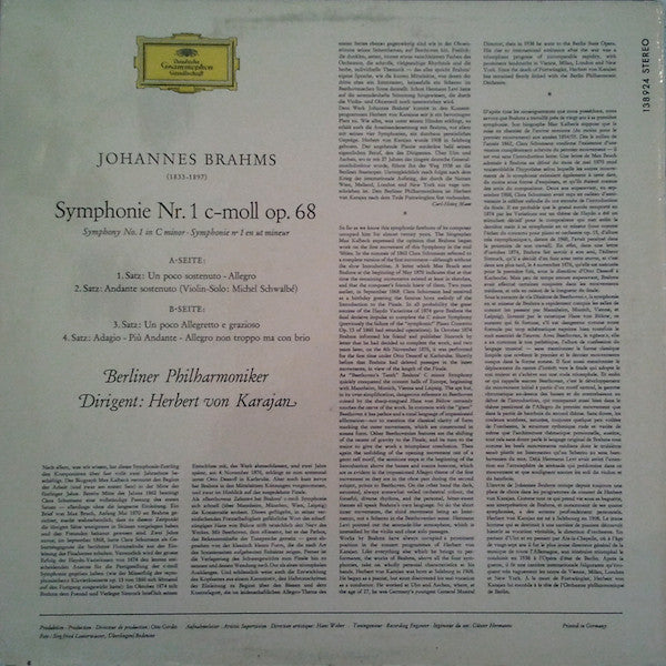 Johannes Brahms, Herbert von Karajan, Berliner Philharmoniker : Symphonie Nr. 1 C-Moll Op. 68 (LP, RE)