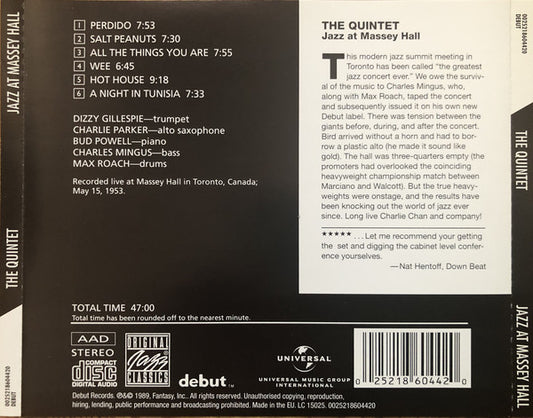 The Quintet - Jazz At Massey Hall vinyl record, CD (Mint (M)) | Lulo Records