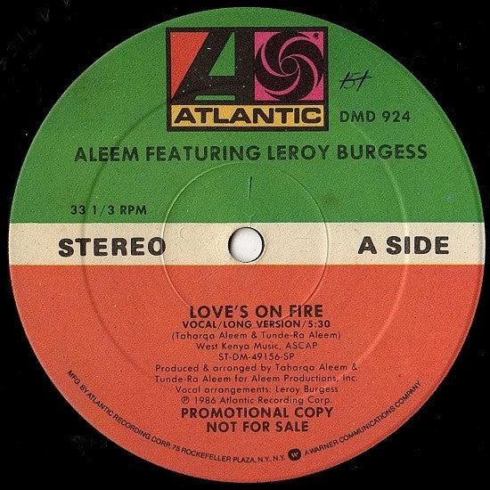 Aleem Featuring Leroy Burgess : Love's On Fire (12", Maxi, Promo)