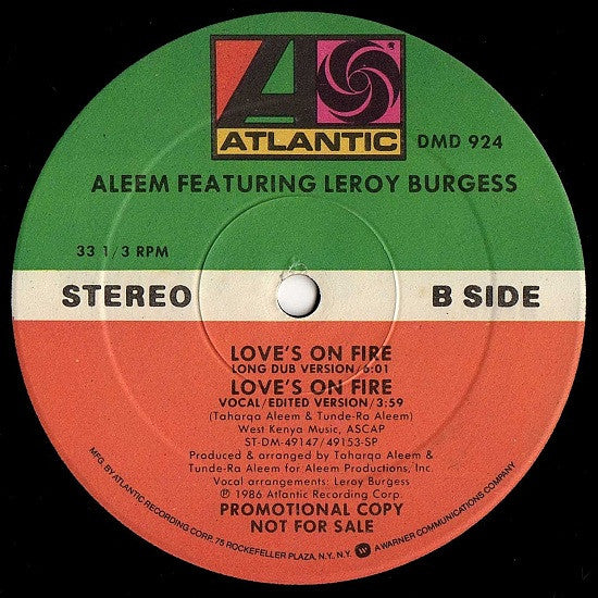 Aleem Featuring Leroy Burgess : Love's On Fire (12", Maxi, Promo)