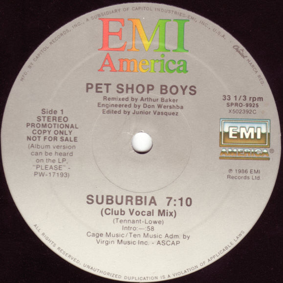 Pet Shop Boys : Suburbia (Special Arthur Baker Remix) (12", Promo)