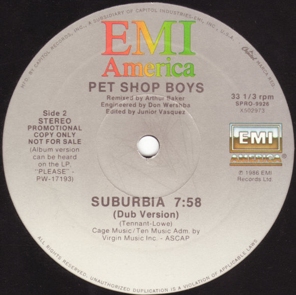 Pet Shop Boys : Suburbia (Special Arthur Baker Remix) (12", Promo)
