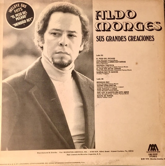 Aldo Monges - Sus Grandes Creaciones vinyl record, LP (Very Good Plus (VG+)) | Lulo Records