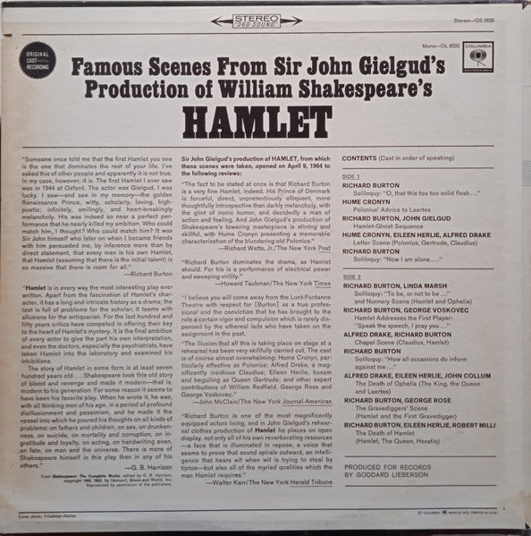 Richard Burton (2), "Hamlet" Original Broadway Cast : Famous Scenes From Sir John Gielgud's Production Of William Shakespeare's Hamlet (LP, Album, RP)