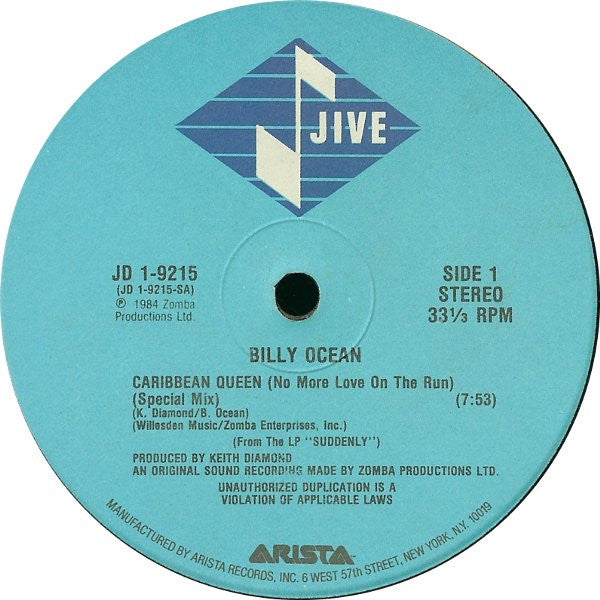 Billy Ocean : Caribbean Queen (No More Love On The Run) (12")