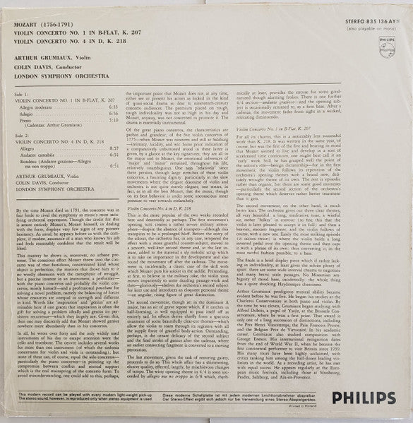 Wolfgang Amadeus Mozart – London Symphony Orchestra - Sir Colin Davis, Arthur Grumiaux : Violin Concertos in B flat major K.207 and in D major K.218 (LP, RP)