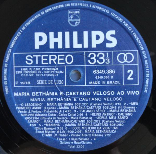 Maria Bethânia E Caetano Veloso : Ao Vivo (LP, Album, Gat)