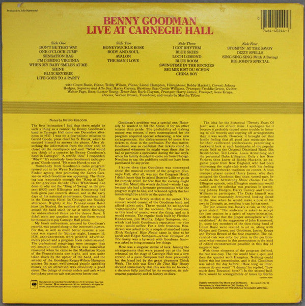 Benny Goodman : Live At Carnegie Hall (2xLP, Album, RE, RM, Gat)