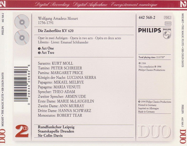 Wolfgang Amadeus Mozart - Margaret Price, Luciana Serra, Peter Schreier, Kurt Moll, Mikael Melbye, Theo Adam, Rundfunkchor Leipzig, Staatskapelle Dresden, Sir Colin Davis : The Magic Flute (2xCD, Album, Comp, RE)