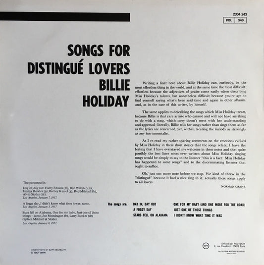 Billie Holiday : Songs For Distingué Lovers (LP, Album, RE)